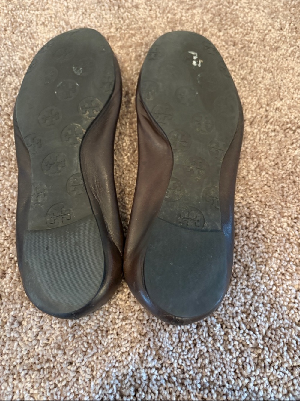 Tory Burch Dark Brown Leather Logo Ballet Flats with Gold Medallions - Picture 2 of 3